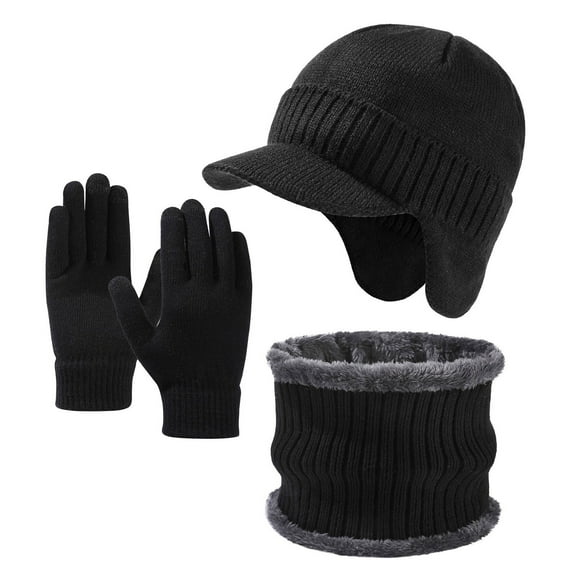 PuSpu Men's Thick Warm Knitted Hat Scarf Gloves Three Piece Set Outdoor Commuting With Fleece And Warm Touch Screen Gloves