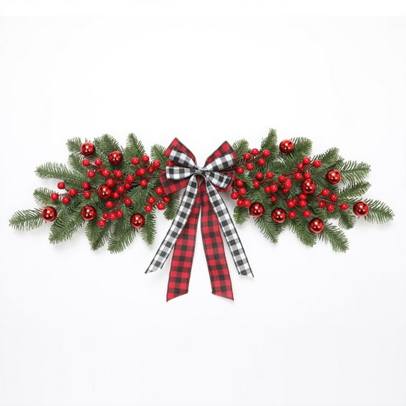 PuSpu Red Fruit Plaid Bow Pines Needle Christmas Door Lintel Pendant 27.5x11.8x2.3in, 1PCS, Multicolor, Plastic, Simulated Berries