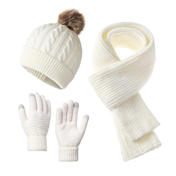 PuSpu Solid Color Knitted Hat Three-piece Set For Winter Warm And Cold-proof Thick Outdoor Wool Hat Scarf Gloves Set