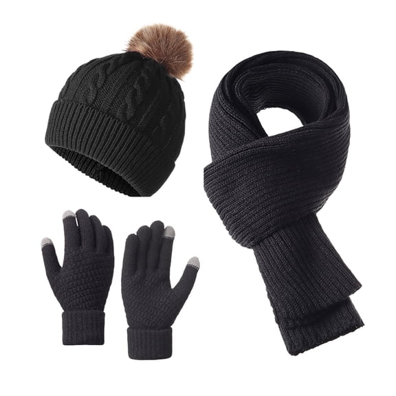 PuSpu Solid Color Knitted Hat Three-piece Set For Winter Warm And Cold-proof Thick Outdoor Wool Hat Scarf Gloves Set