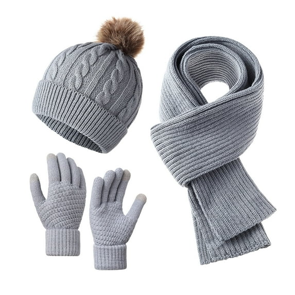 PuSpu Solid Color Knitted Hat Three-piece Set For Winter Warm And Cold-proof Thick Outdoor Wool Hat Scarf Gloves Set