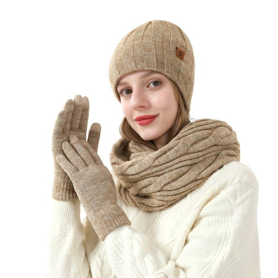 PuSpu Woman Winter Double Velvet Padded Warm Wool Hat Scarf Gloves Three-piece Suit Matching.