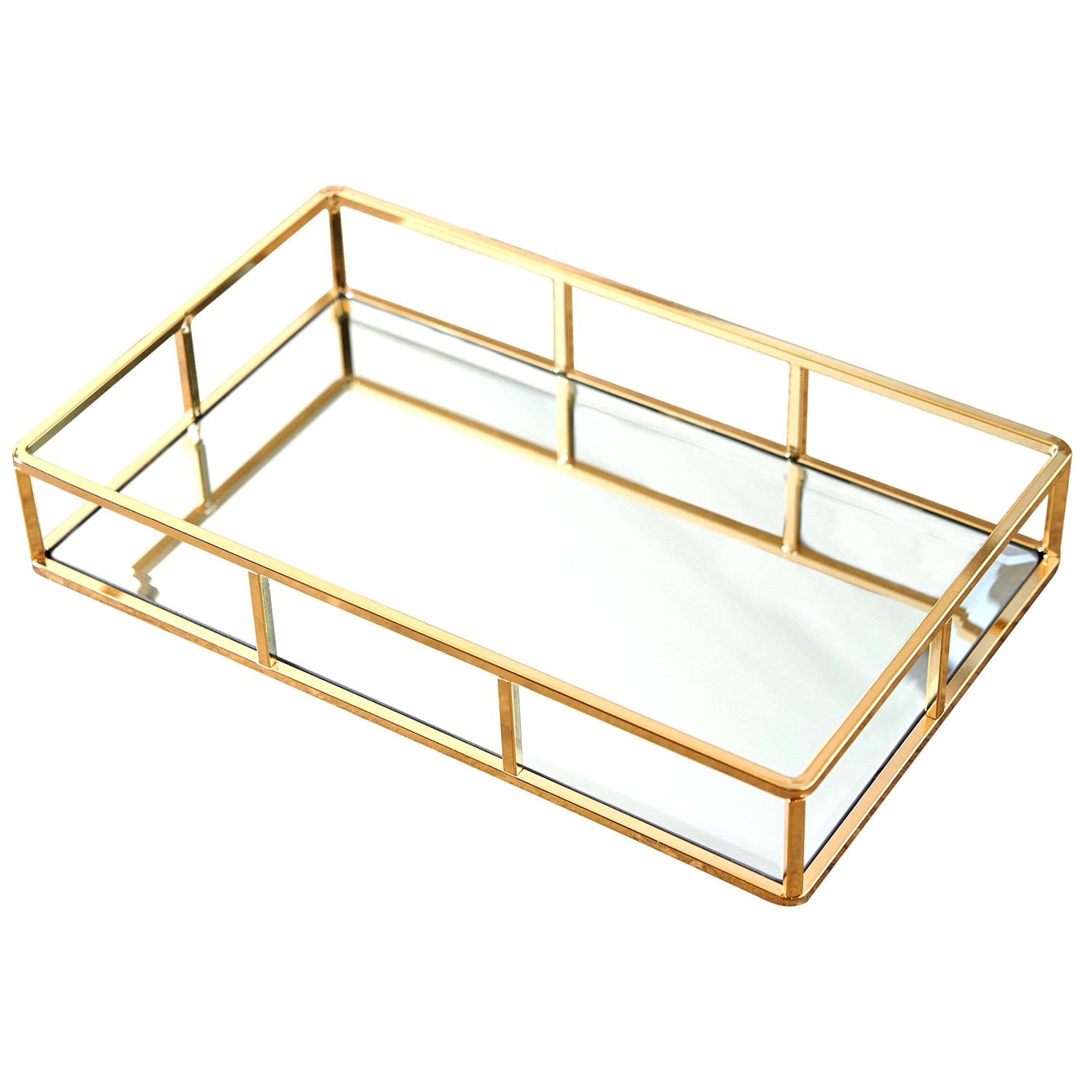 Gold Rectangular Metal and Mirror Makeup Tray