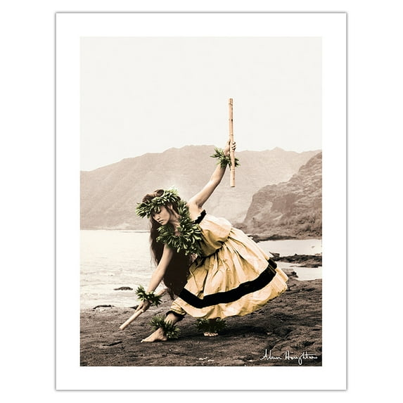Pua with Sticks (Kala'au) - Hawaiian Hula Dancer - Vintage Hand Colored Photograph by Alan Houghton c.1960s - Bamboo Fine Art 290gsm Paper (Unframed) 17x22in