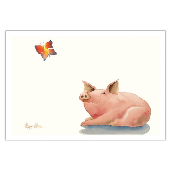 Pua’a Aloha - Hawaiian Pig (Pua’a) admires a Butterfly (Pulelehua) - From an Original Hawaii Watercolor Painting by Peggy Chun - Fine Art Matte Paper Print (Unframed) 30x44in