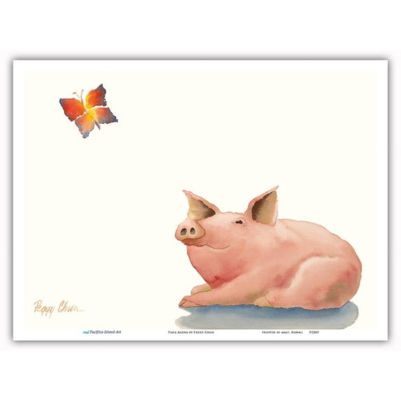 Pua’a Aloha - Hawaiian Pig (Pua’a) admires a Butterfly (Pulelehua) - From an Original Hawaii Watercolor Painting by Peggy Chun - Master Art Print (Unframed) 9in x 12in