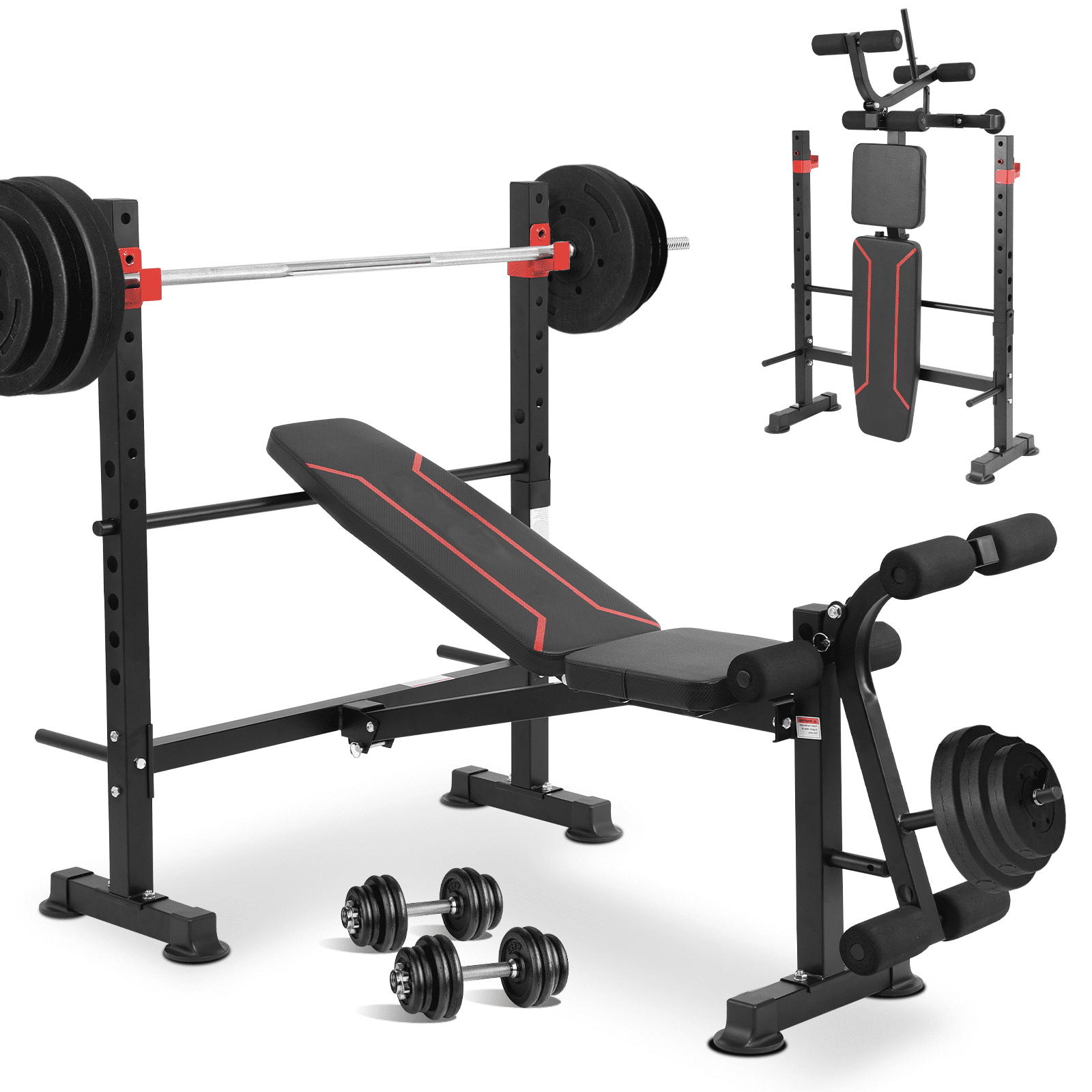 Puatul 750LBS Standard Weight Bench Set with Leg Extension and Leg Curl, Adjustable Bench Press with Squat Rack, Foldable Flat Incline Decline Workout Bench Set for Home Gym.