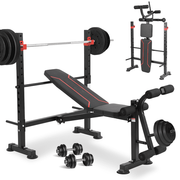 Puatul 750LBS Standard Weight Bench Set with Leg Extension and Leg Curl, Adjustable Bench Press with Squat Rack, Foldable Flat Incline Decline Workout Bench Set for Home Gym.