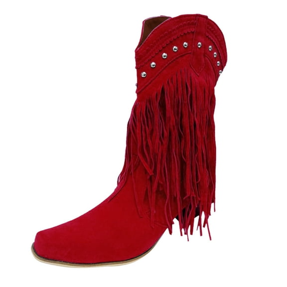 Puawkoer Boots for Women Casual Boots for Women with Heel Wide Calf Wide Foot Retro Fringe Tassel Boots for Women Mid Calf Heel Mid-Calf Boots