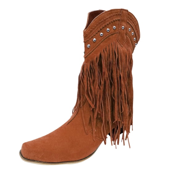 Puawkoer Boots for Women Casual Wide Calf Fall Boots for Women Retro Fringe Tassel Wide Calf Winter Boots for Women Heel Mid-Calf Boots