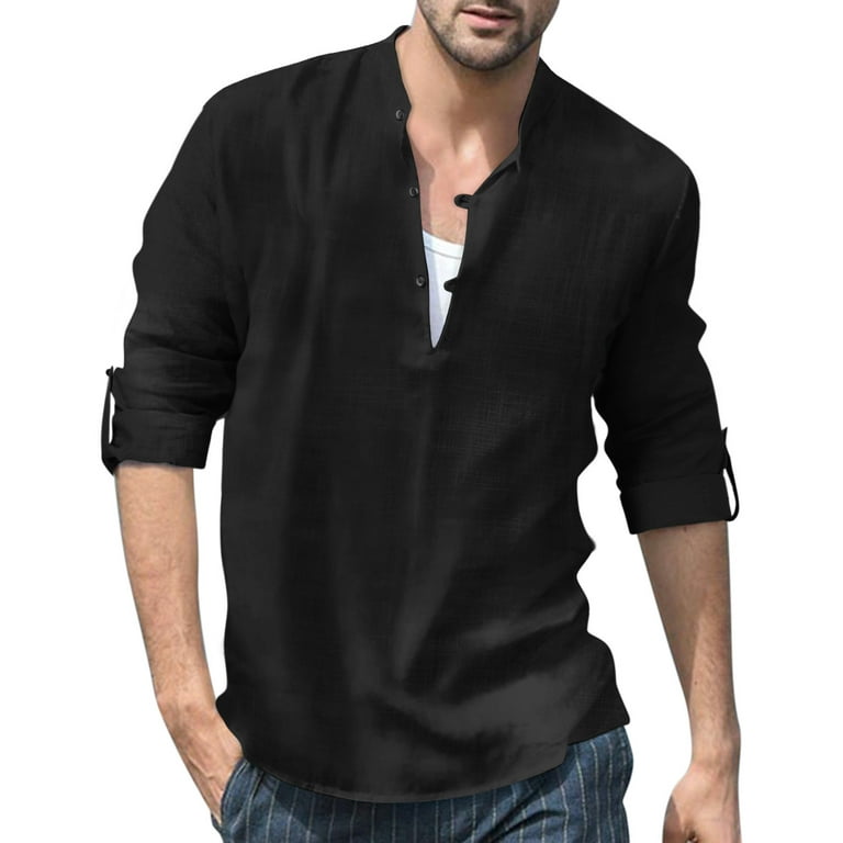 Puawkoer Male Casual Solid Roll Up Sleeve T Shirt Blouse Long Sleeve Stand Collar Tops T Shirt Mens Clothes 2XL Black, Men's