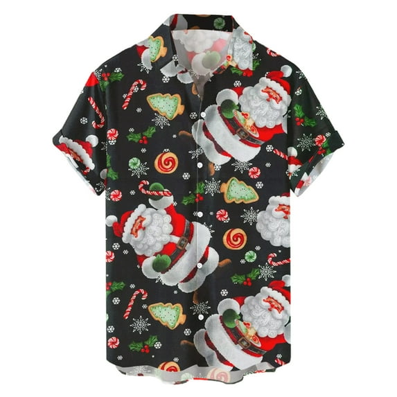 Puawkoer Mens Christmas Santa 3D Digital Printing Button Lapel Short Sleeve Shirt T Shirt Top mens clothes XL D