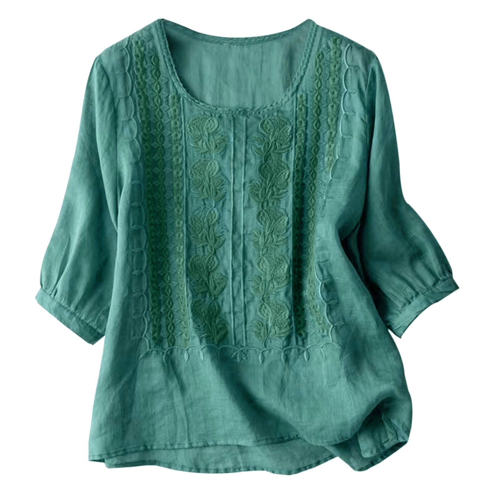 Puawkoer Vintage Embroidered Cotton Linen Plus Size Summer