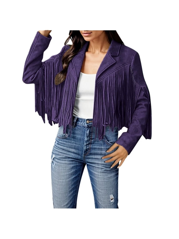 Women Fashion Fringe Women Casual Jackets for Work Suede Leather Jackets Fashion Lightweight Jacket Women Plus Size Tassel Motorcycle Cropped Coats