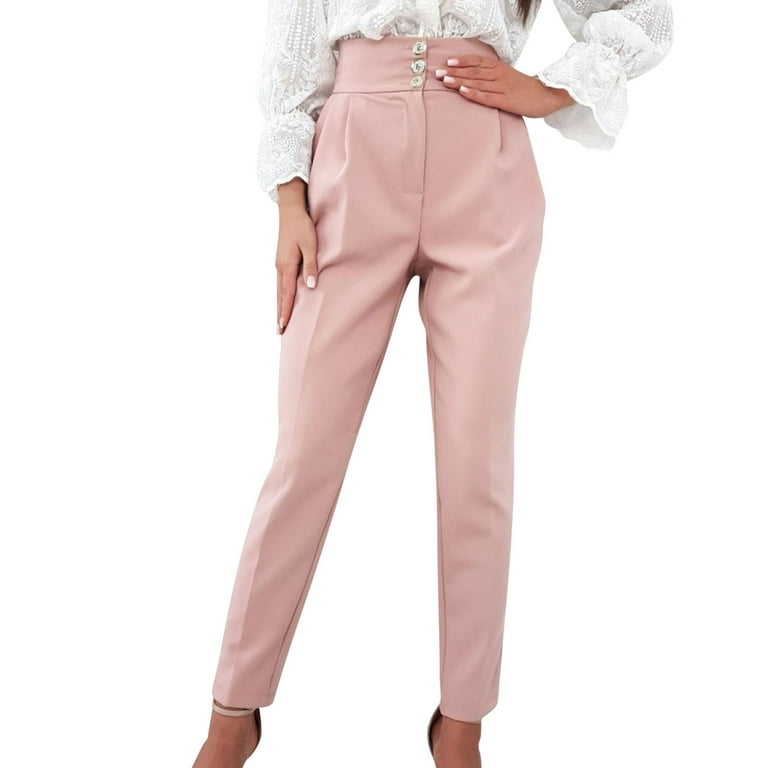 Puawkoer Women Solid Color Casual Pants Wild Card Button Decoration Formal  Pants Waist Straight Pants Clothing Shoes & Accessories L Pink 