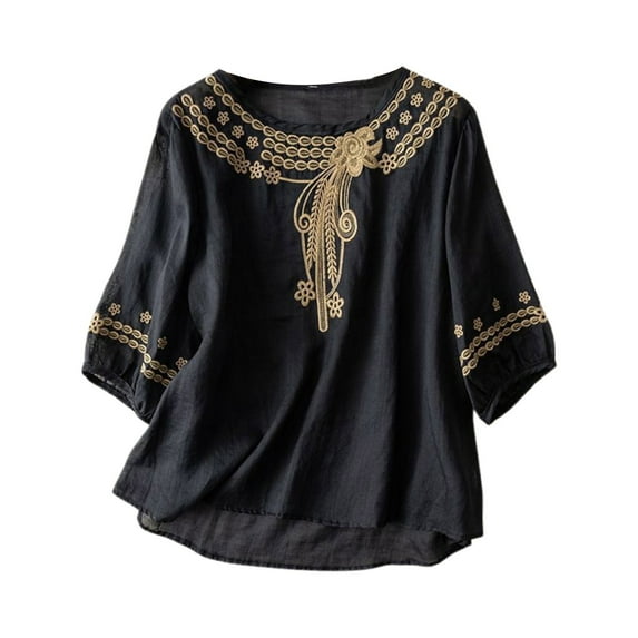 Puawkoer Women's Fashion Casual Five Long Sleeve Tall Shirt Women Cuff Cotton Linen V Long Sleeve Compression Women Neck Top Summer Embroidery Basics for Women Loose T Shirt Top Wo