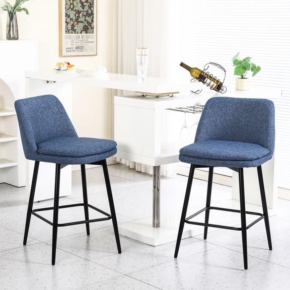 Pub Counter Height Bar Stools (2 - Piece Set) | 360° Swivel for Versatile Use | Blue Linen with X - Shaped Metal Legs | Comfortable for Long - Term Sitting