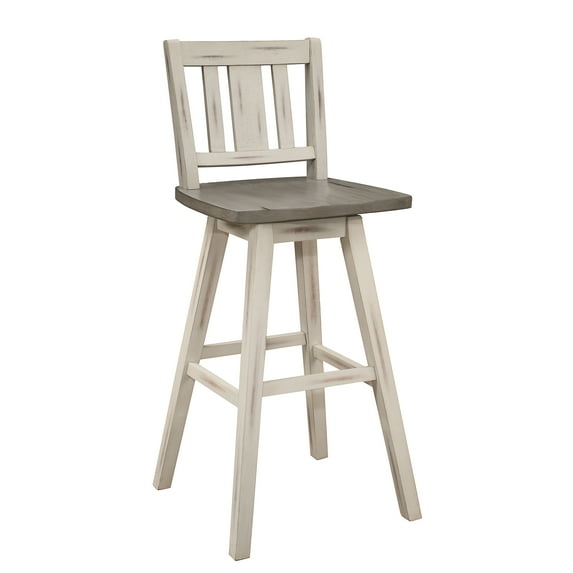 Pub Height Chairs Set Of 2, Distressed Gray And White 360-Degree Swivel Chair Solid Rubberwood Furniture, Vertical Slat Back Bar Chairs