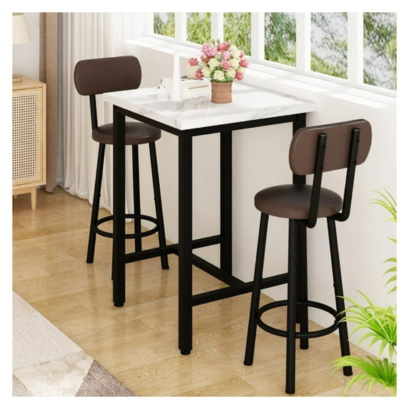 Pub Table and Chairs Set of 2, 24" Dining Table Set with 2 PU Leather Upholstered Stools, 3-Piece Square Small Space Kitchen Table Pub Table Set for Apartment Dining Room, Living Room, White