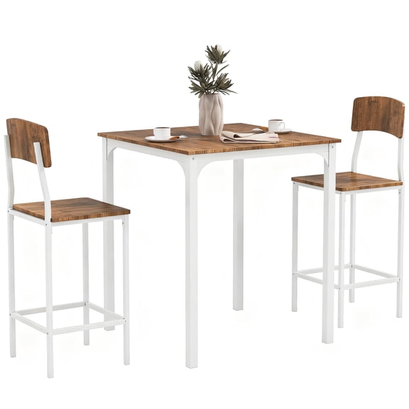 Pub Table and Chairs Set, 3-Piece Square Dining Set with 2 Stools, MDF and Steel Construction, Walnut and White Finish, 31.5" L x 31.5" W x 36.5" H, for Small Kitchen or Breakfast Nook