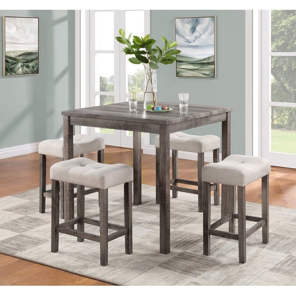 Pub Table Set, 5 Piece Brown Solid Wood Counter Height Dining Set with 4 Tufted Creamy White Linen Stools, 36" Wide Table Top, Ergonomic Seats for Kitchen and Dining Room Space
