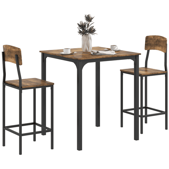 Pub Table and Chairs Set - 3 Piece Kitchen Dining Table Set - Rustic Brown Square Bistro Set with 2 Stools - Small Space Table