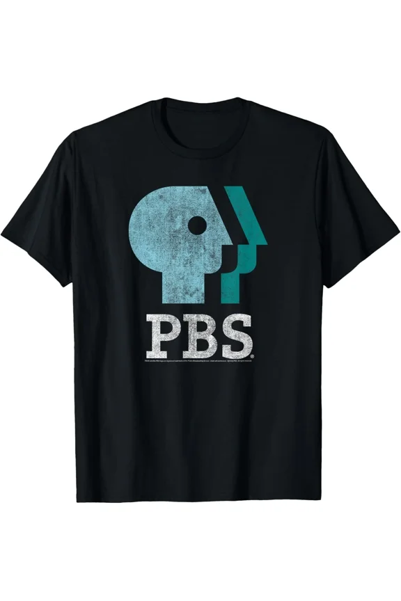 Public Broadcasting Logo Blue Teal White Graphic Retro T-Shirt, for Men & Women, up to Size 5XL