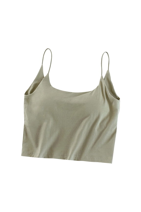 Public Cropped Camisole Tank Top with Built in Bra for Women Trendy Spaghetti Strap Sleeveless Crew Neck Summer Tops Going out Slim Fit Workout T Shirts Green M