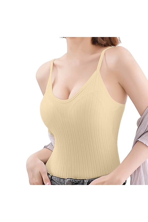 Public Cropped Camisole Tank Top with Built in Bra for Women Trendy Spaghetti Strap Sleeveless V Neck Summer Ribbed Tops Going out Slim Fit Workout T Shirts Beige One Size