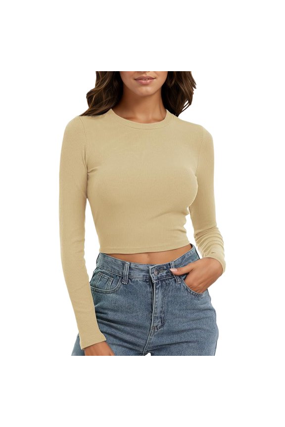 Public Cropped Long Sleeve Tshirts for Womens Trendy Ribbed Crew Neck Slim Fit Tops Causal Solid Basic Tees Khaki XL