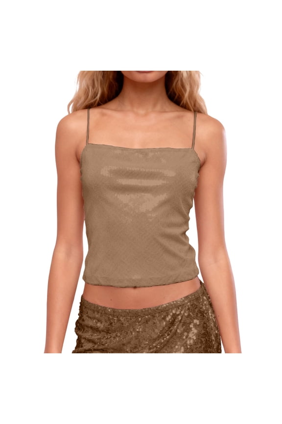 Public Cropped Sequin Camisole Tops for Womens Trendy Spaghetti Strap Sparkle Cami Tank Tops Summer Square Neck Sleeveless Tops Undershirt Brown M