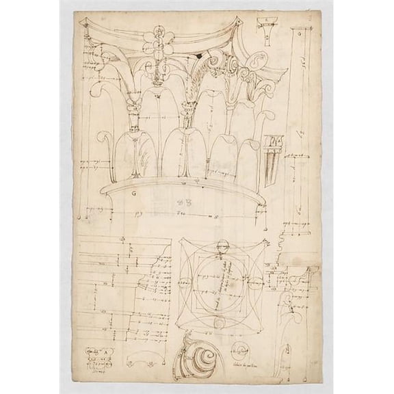 Public Domain Images  18 x 24 in. Pantheon Portico Corinthian Column Capital Projection Plan & Details Poster Print