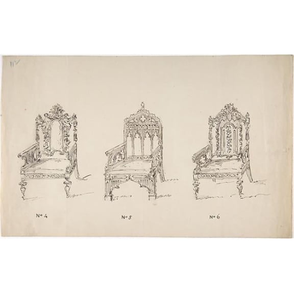 Public Domain Images MET386797 Design for Three Low Gothic Or Renaissance Style Arm Chairs Poster Print by Anonymous British 19th Century, 18 x 24