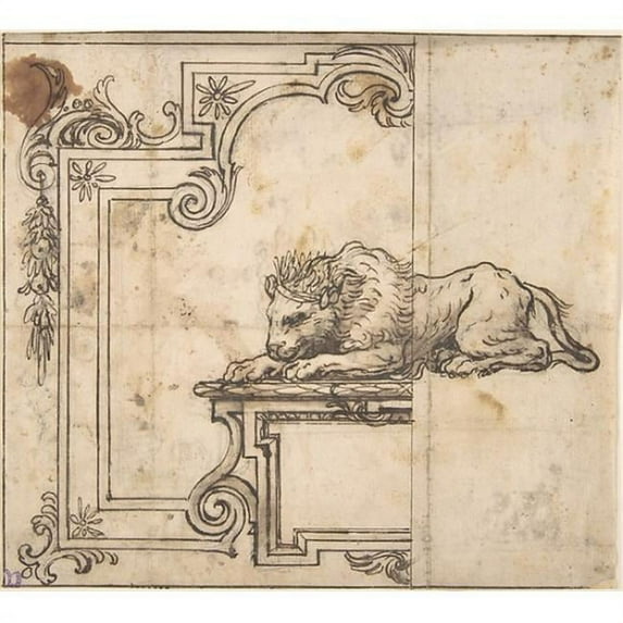 Public Domain Images MET389355 Design for A Frame with Two Compartments & A Crowned Lion Poster Print by Anonymous Italian 17th Century, 18 x 24