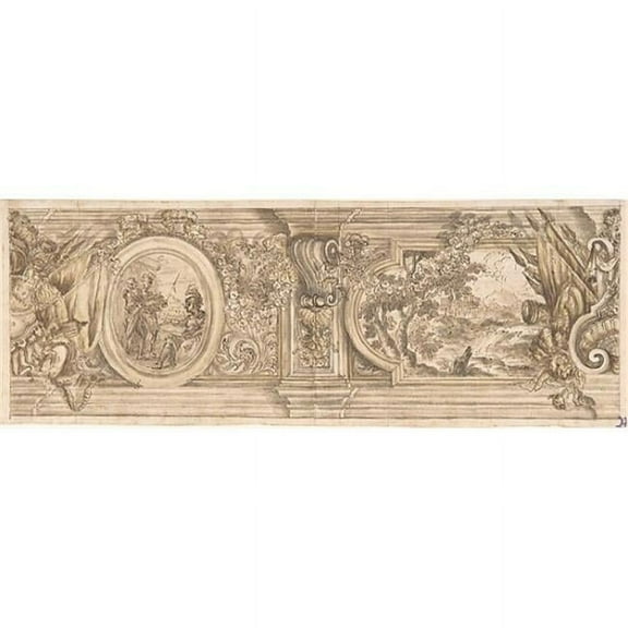 Public Domain Images MET389376 Architectural Design with A Decorated Frieze Containing A History Scene & Landscape Poster Print by Anonymous Italian 17th Century, 18 x 24