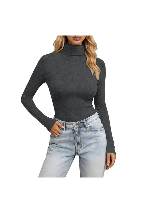 Public Long Sleeve Turtleneck Tshirts for Womens Oversized Trendy Slim Fit Tops Causal Solid Stretch Basic Tees Dark Gray XXL
