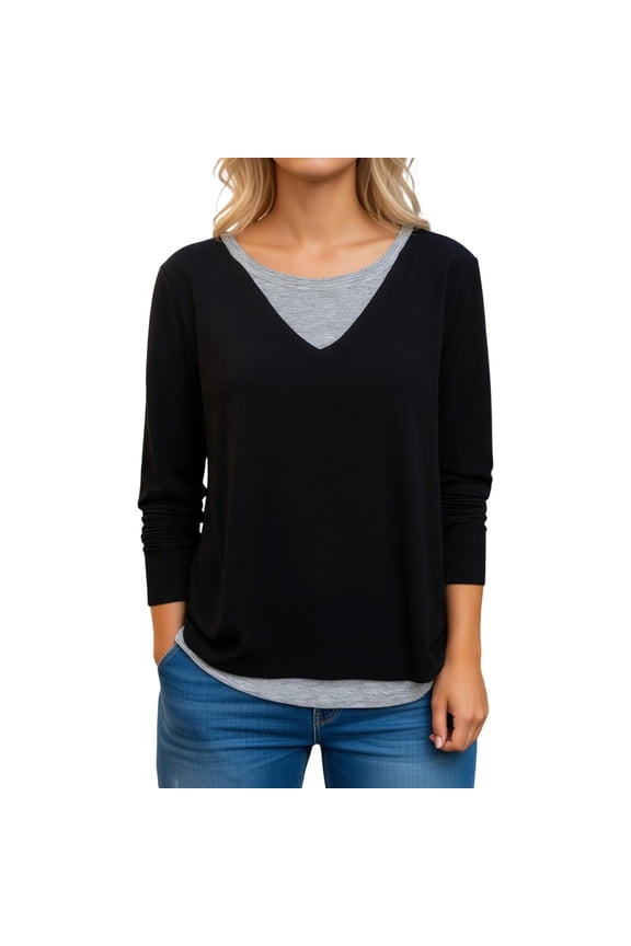 Public Plus Size Long Sleeve T Shirts for Womens Causal Layered Loose Fit Tops Trendy Fake Two-Piece Tees Shirts Black L