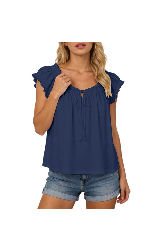 Public Plus Size Short Sleeve Shirts for Womens Causal Loose Fit Ruffle Tops Trendy Crew Neck Tees Tshirts Dark Blue M