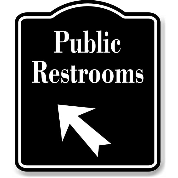 Public Restrooms 45 degree Up Left Arrow BLACK Aluminum Composite Sign, 20"x24"