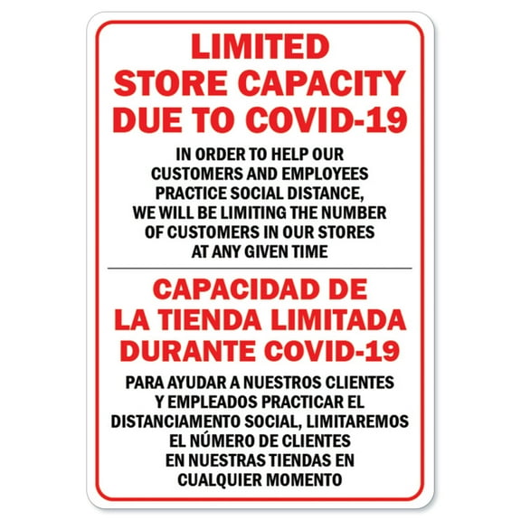 Public Safety Sign - Limited Store Capacity Due To COVID-19 Spanish | Peel And Stick Wall Graphic | Protect Your Business, Municipality, Home & Colleagues | Made in the USA