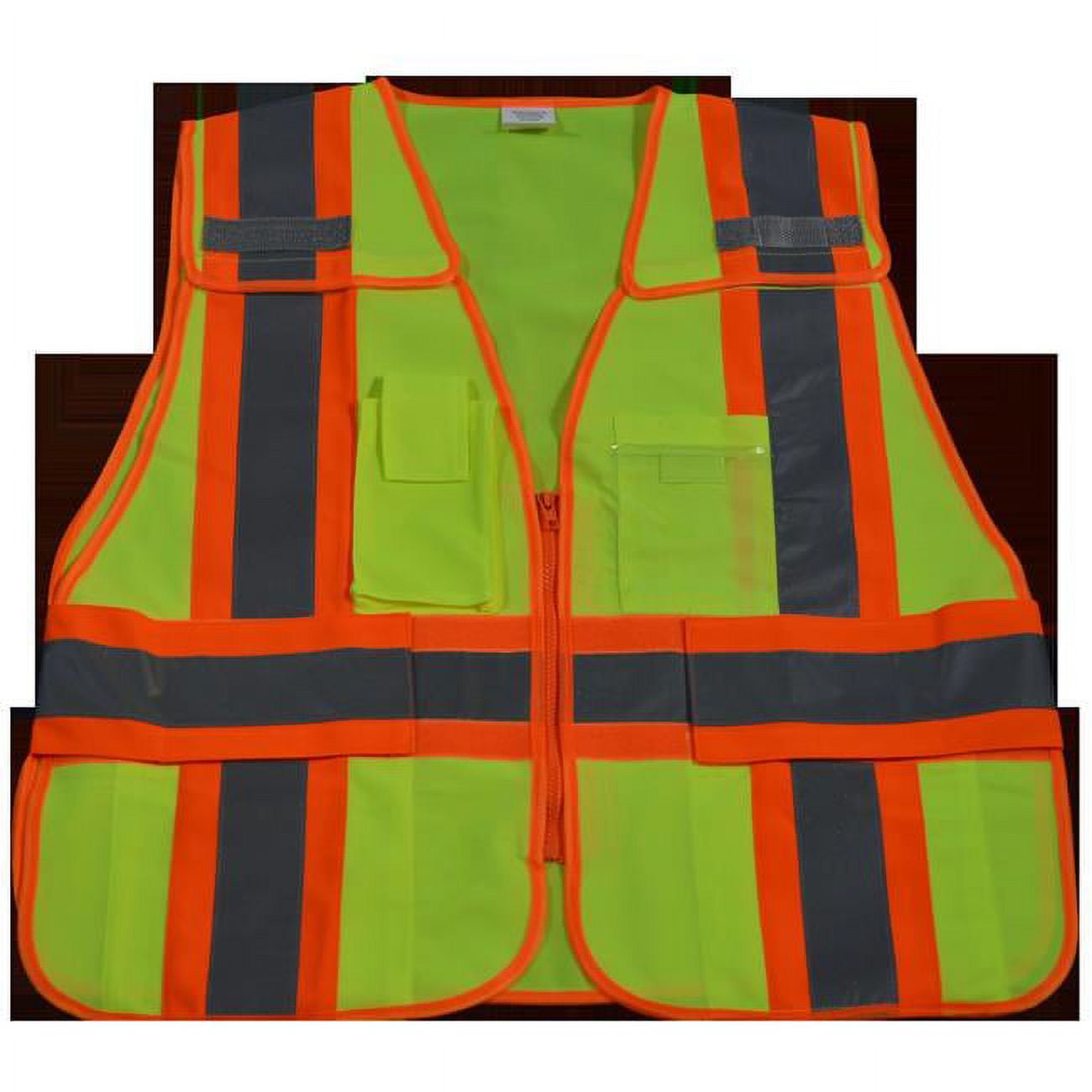 Public Safety Vest 207-2006 Lime Solid with Orange Binding 5-Point Breakaway with Non-Cloth Hook & Eye Breakaway Zipper & Expandable Side Closures 5 Pockets, 2X & 5X