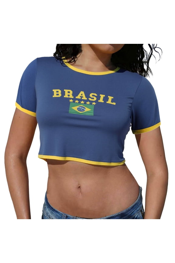 Public Short Sleeve Cropped T Shirts for Womens Causal Brasil Letter Printed Slim Fit Graphic Tees Summer Y2K Going out Tops Shirts Blue M