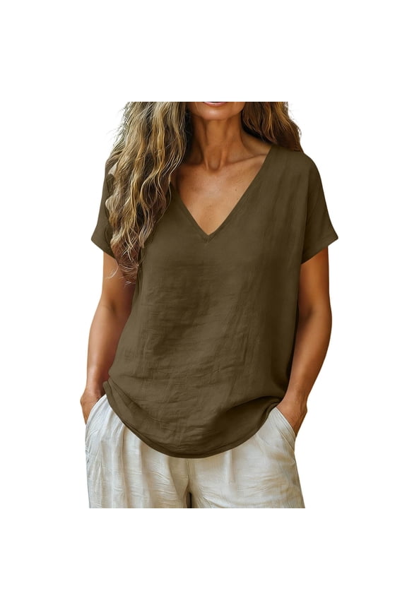 Public Short Sleeve V Neck T Shirts for Womens Linen Causal Solid Loose Fit Tunic Tops Plus Size Summer Going out Shirts Coffee S