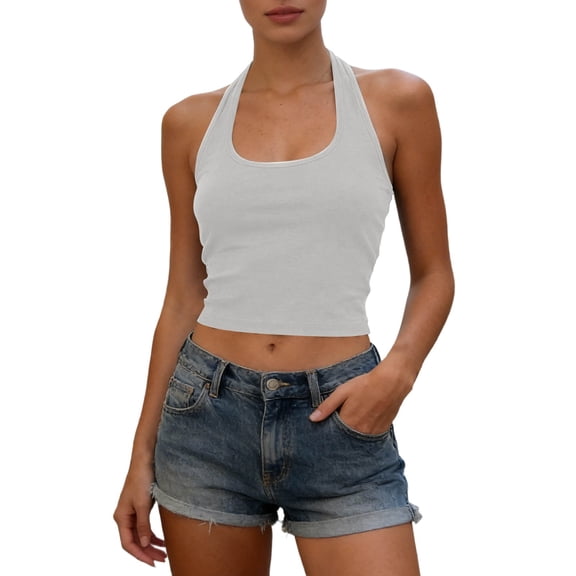 Public Women Cropped Built-In Bra Tank Tops Trendy Halter Sleeveless T Shirts Backless Slim Fit Going out Tank Tops White One Size