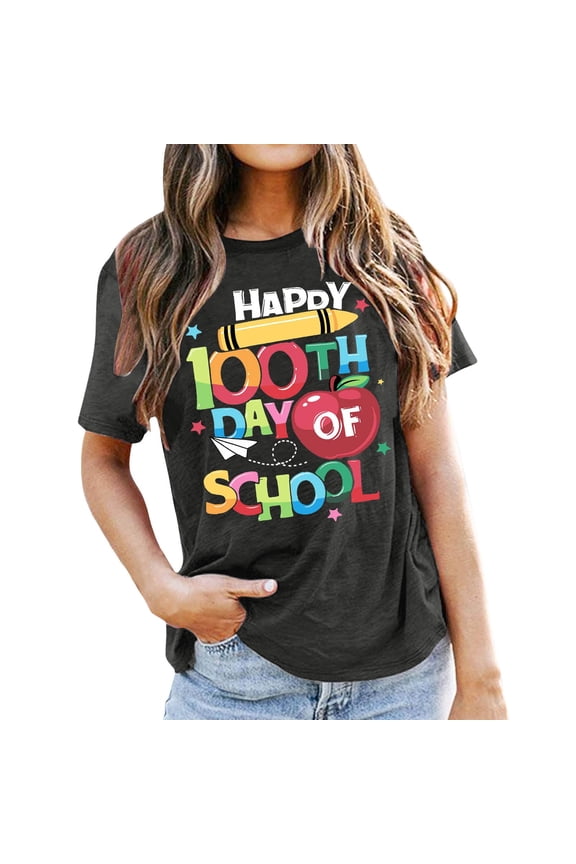 Public Women's Plus Size Short Sleeve Graphic Tees Casual Crew Neck Loose Fit T Shirt Happy 100th Day of the School Printed Summer Tops Grey XXL