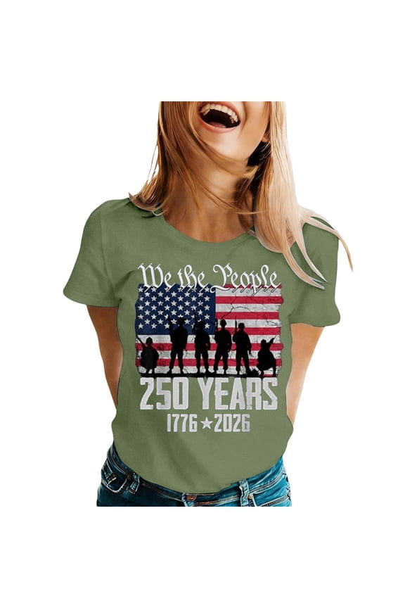 Public Women's USA 250 Years Graphic Tees Crew Neck Trendy Summer T Shirt Short Sleeve America Flag Print Tops Green XL