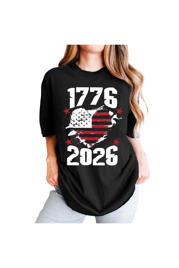 Public Women's USA 250 Years Graphic Tees Plus Size Crew Neck Loose Fit T Shirt Short Sleeve 1776-2026 Printed Summer Tops Black L
