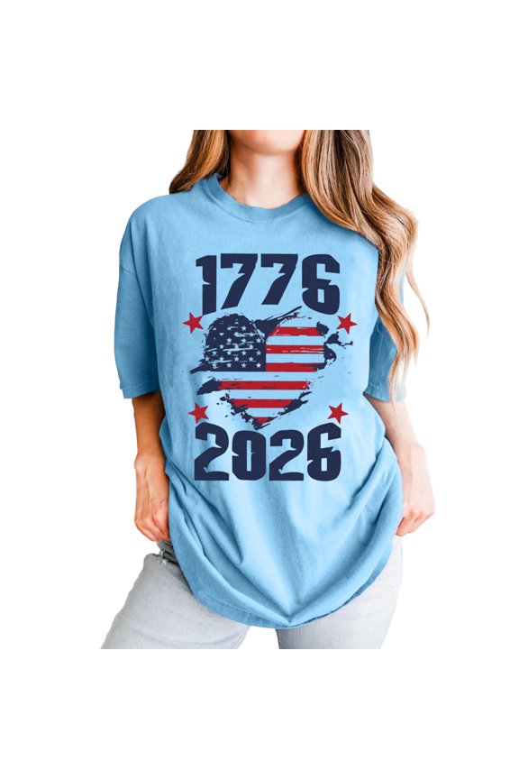 Public Women's USA 250 Years Graphic Tees Plus Size Crew Neck Loose Fit T Shirt Short Sleeve 1776-2026 Printed Summer Tops Light Blue XXL