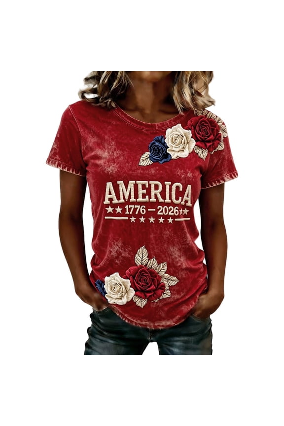 Public Womens America 250 Years Graphic Tees Plus Size Short Sleeve T-Shirts Causal Crew Neck Summer Loose Fit Tops Shirts Red XXL