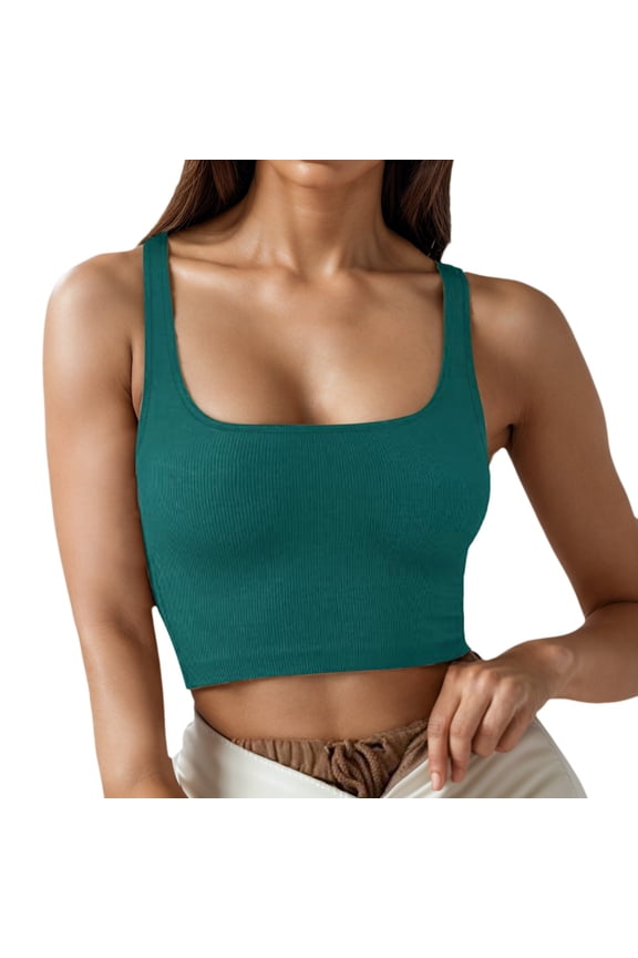 Public Womens Cropped Ribbed Tank Tops Trendy Sleeveless Square Neck Summer Tops White Slim Fit Yoga Workout Running Gym T Shirts Green M